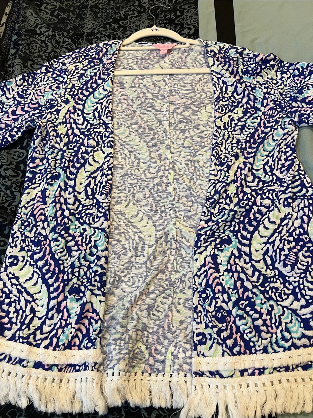 Lilly Pulitzer Blue Pink Green Print Fringe Open Cardigan